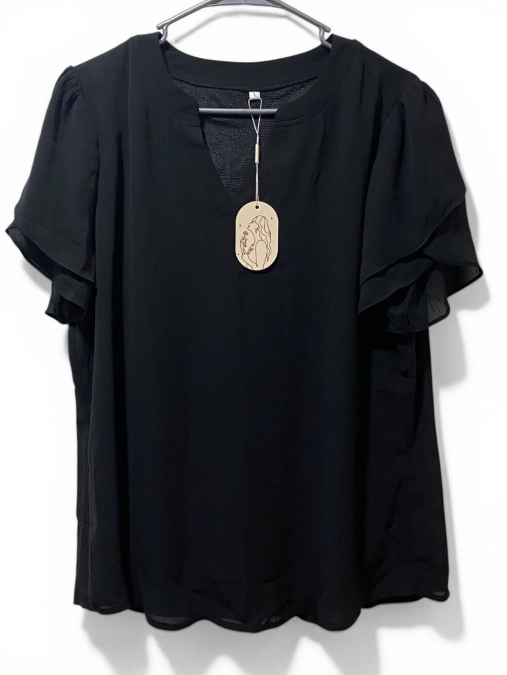 Black Ruffle Sleeve Chiffon Blouse L Lightweight & Elegant NWT